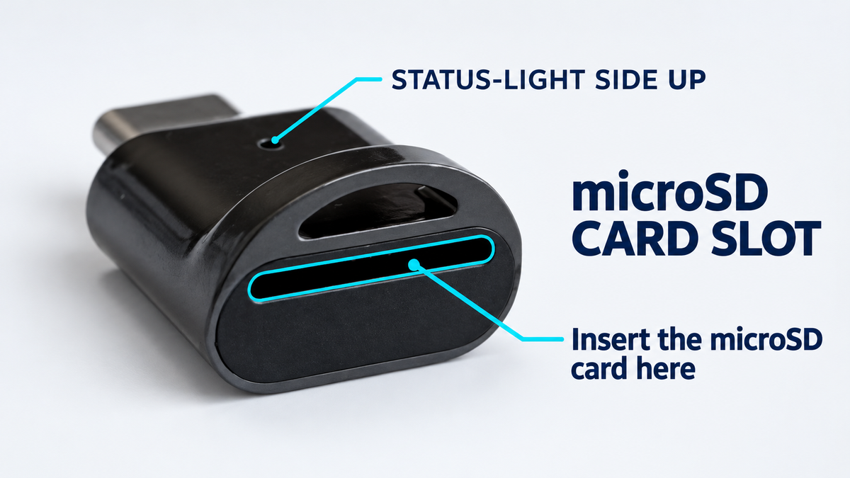 Insert the microSD memory card into the narrow slot with the status-light side up