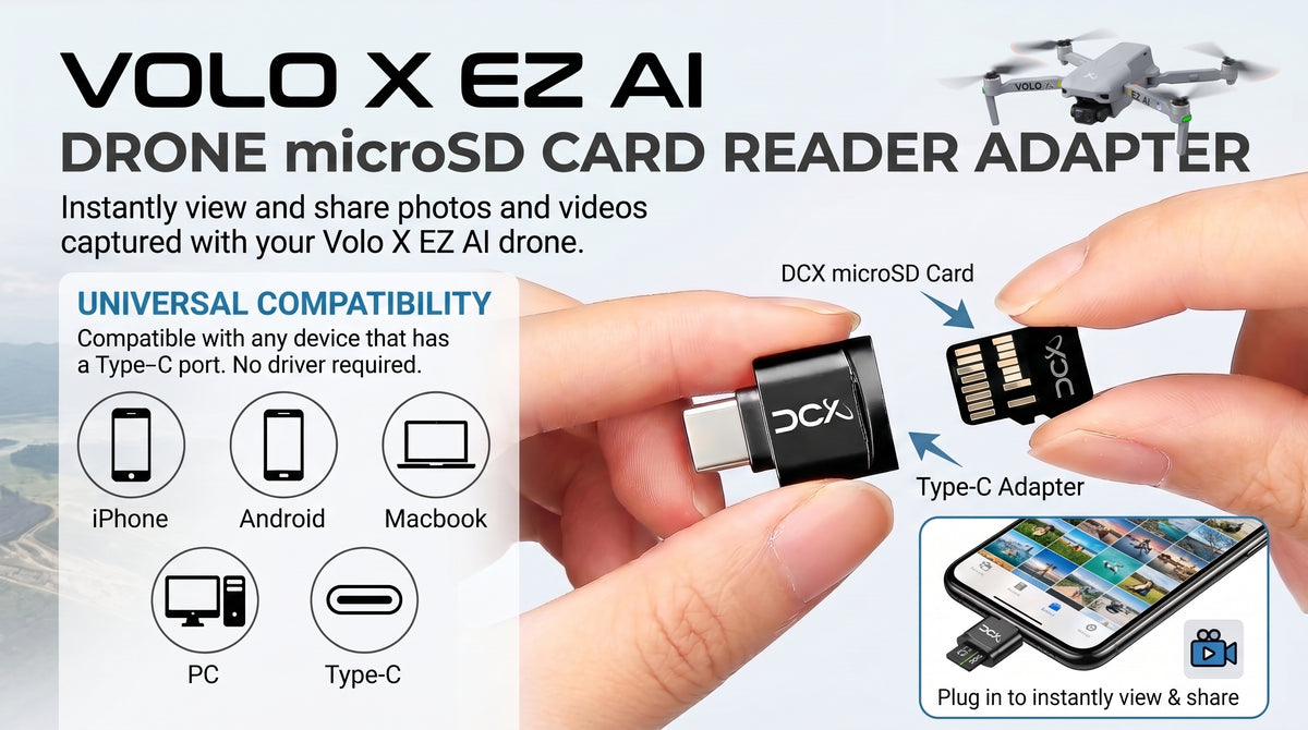 Volo X EZ AI USB-C microSD card reader adapter compatibility with USB-C iPhone, Android, MacBook and PC