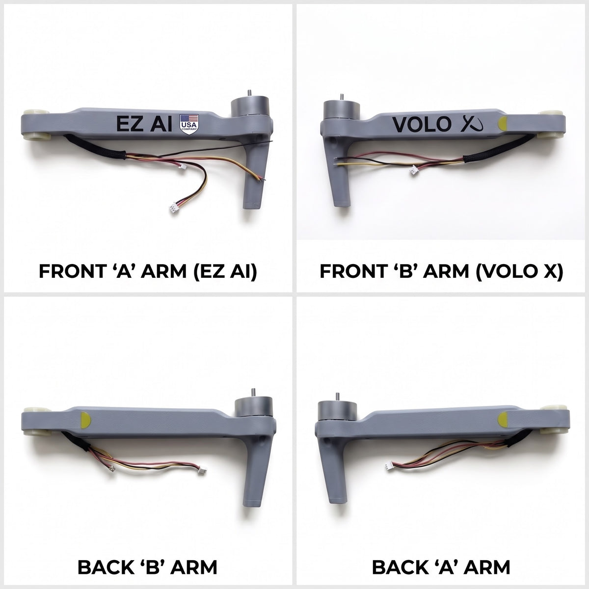 Identify the four Volo X EZ AI replacement arm variants Front A Front B Back A Back B