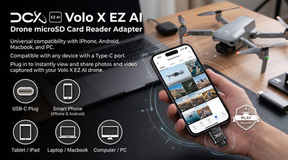 Volo X EZ AI USB-C microSD card reader for viewing and sharing drone photos and videos on USB-C phones, tablets and computers